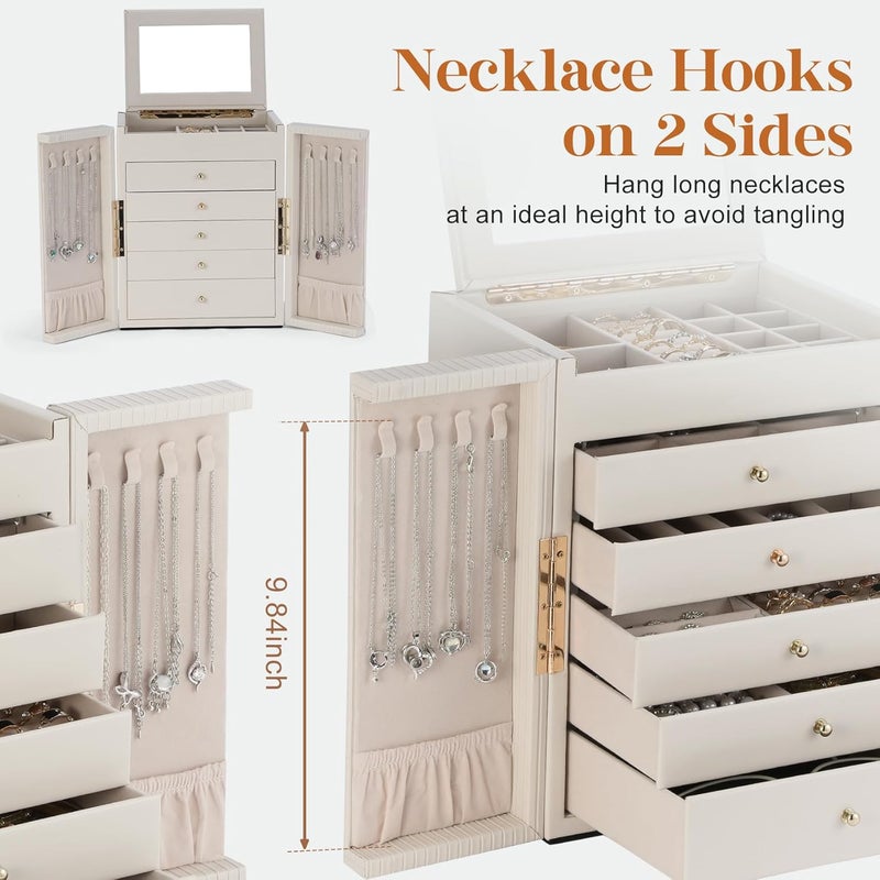 Dajasan Large Jewelry Organizer Box, Jewelry Boxes for Women Girls, 6-Tier Jewelry Storage Organizer with Mirror for Necklace Ring Bracelet Watch, Gift Idea (Beige) - Image 2
